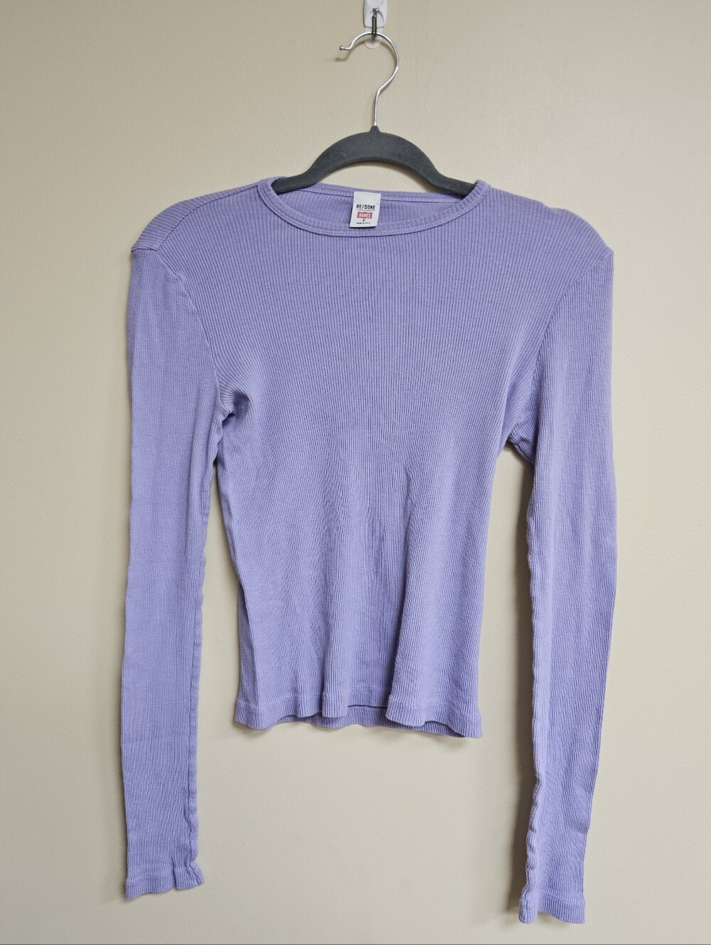 RE/DONE x Hanes 60's Ribbed Slim Long Sleeve Lilac Purple Crew Neck Cotton Sz S